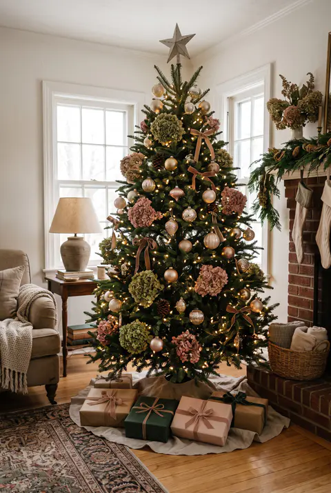 Christmas tree with large dried hydrangea blooms in antique green and dusty pink, gold and blush ornaments and warm white lights