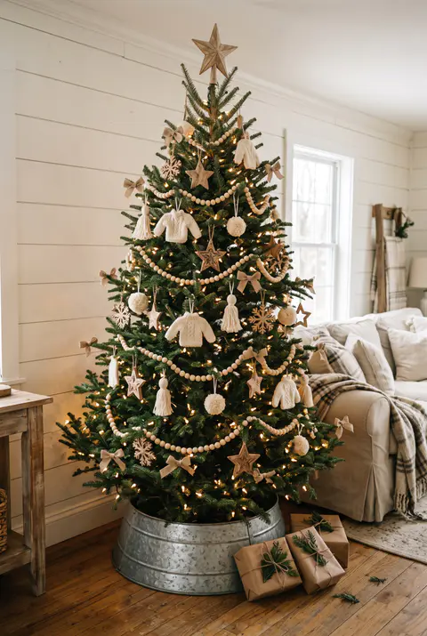 Farmhouse Christmas tree with a wooden bead garland, cream knit and wooden ornaments, small burlap bows and a galvanized tree collar