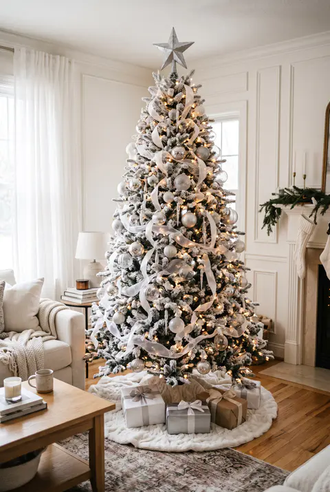 Flocked white Christmas tree with silver and clear glass ornaments, white and silver ribbon and a silver star in a bright living room