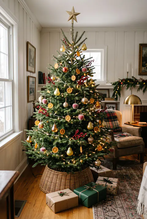 Christmas tree decorated with glass pear and apple ornaments, dried orange slices, red berry picks and gold accents