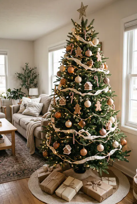 Christmas tree with gingerbread man and gingerbread house ornaments, cream and caramel ornaments, cream ribbon and warm white lights