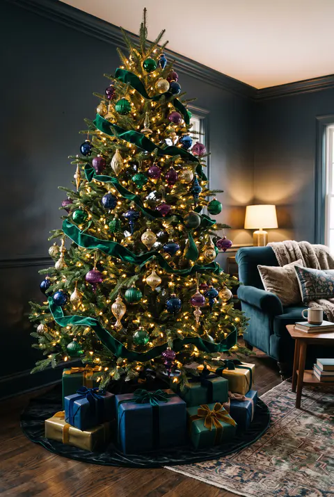 Glamorous Christmas tree with emerald, sapphire, amethyst and gold ornaments and wide emerald velvet ribbon in a dark living room