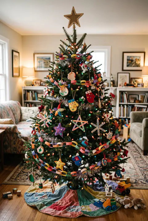 Family Christmas tree covered in handmade salt dough, felt, paper chain and popsicle stick ornaments with colorful lights