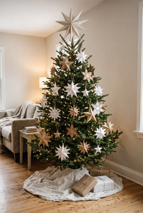 Christmas tree decorated with layered white and kraft paper star ornaments in different sizes and a large paper star on top