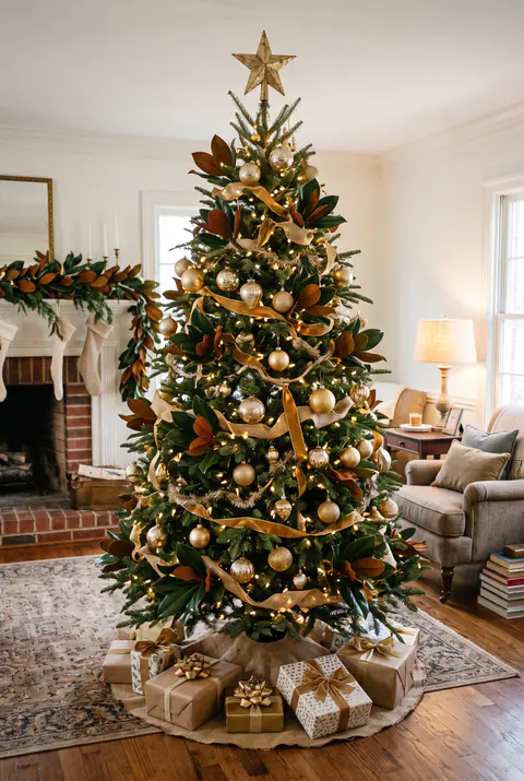 Christmas tree with large magnolia leaves tucked into the branches, gold ornaments, gold ribbon and warm white lights