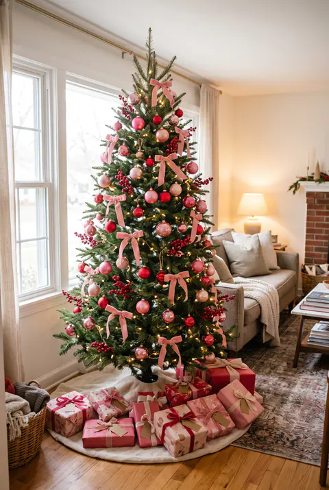 Cheerful Christmas tree with pink and red glass ornaments, pink velvet bows, red berry picks and pink and red presents underneath