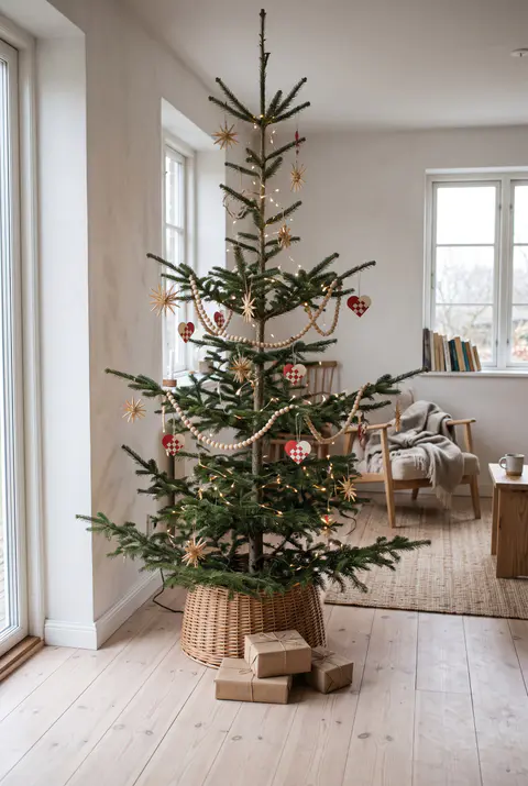 Sparse natural Christmas tree in a Scandinavian living room with straw stars, a wooden bead garland, red woven hearts and small lights