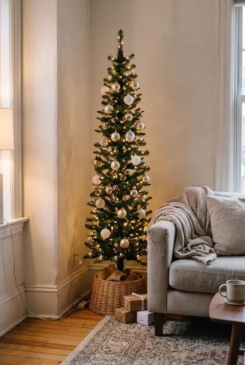 Slim pencil Christmas tree with warm white lights and gold and white ornaments in the corner of a small apartment living room