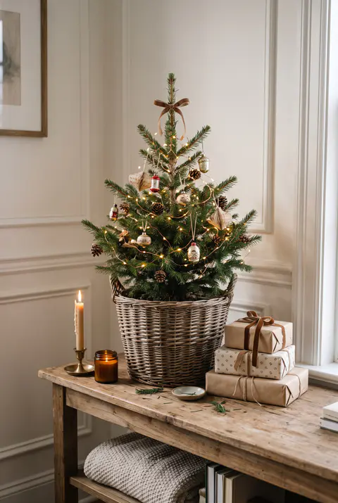 Small tabletop Christmas tree in a woven basket on a console table with tiny lights, small ornaments, candles and wrapped gifts