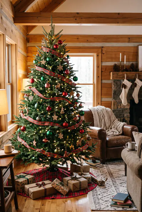 Christmas tree wrapped in red and green tartan ribbon with red and green ornaments, wooden ornaments and a tartan tree skirt