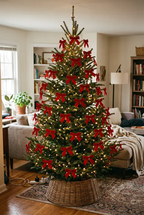 Christmas tree decorated with dozens of small red velvet bows and warm white lights, with a woven tree collar at the base