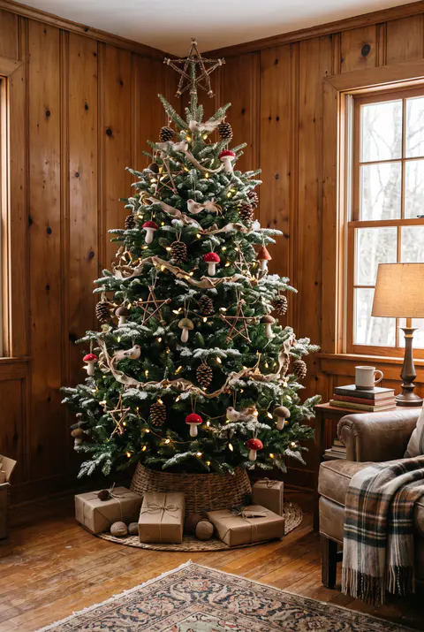 Woodland Christmas tree with pinecones, felt mushroom ornaments, little birds, faux snow on the tips and twig stars