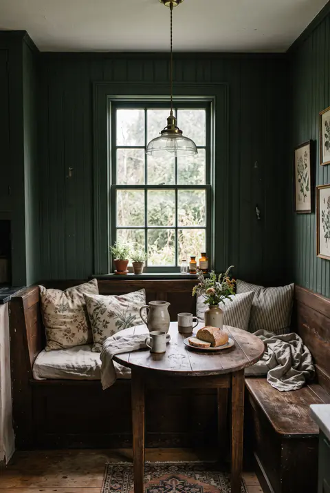 Breakfast nook in a dark cottagecore kitchen with a built-in bench, linen cushions, floral pillows, a round table and a glass pendant