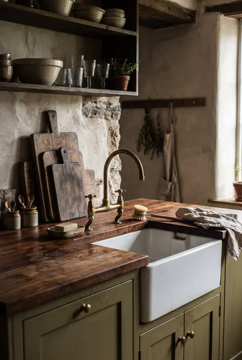 Dark cottagecore kitchen with oiled butcher block counters, a white fireclay apron-front sink, a brass bridge faucet and olive cabinets