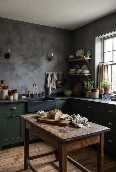 Cottage kitchen with charcoal limewash walls with a cloudy texture, black iron sconces, a vintage worktable and dark green cabinets