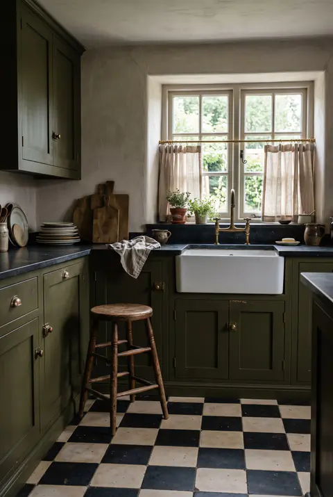 Cottage kitchen with a black and cream checkerboard floor, dark olive cabinets, a wooden stool and linen café curtains