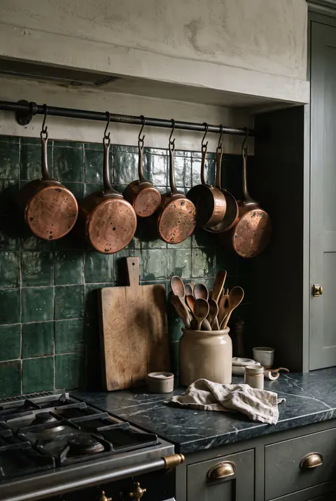 Hammered copper pots and pans hanging from an iron rail above a range with a dark green tile backsplash