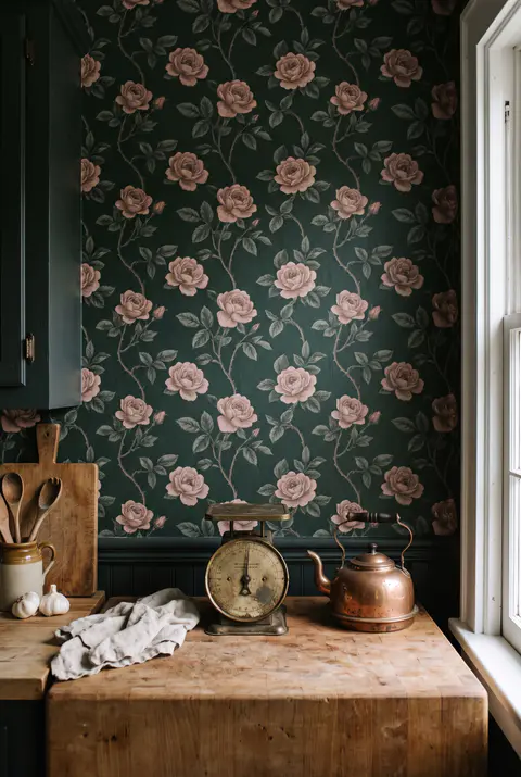 Small kitchen wall with dark green floral wallpaper with muted pink roses above a butcher block counter with an antique scale and copper kettle