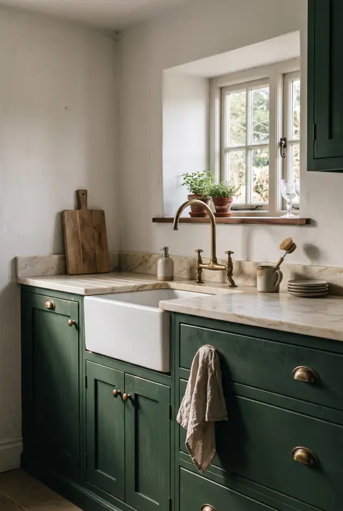 Cottage kitchen with deep forest green Shaker cabinets, brass cup pulls, a marble counter and a white apron-front sink under a window