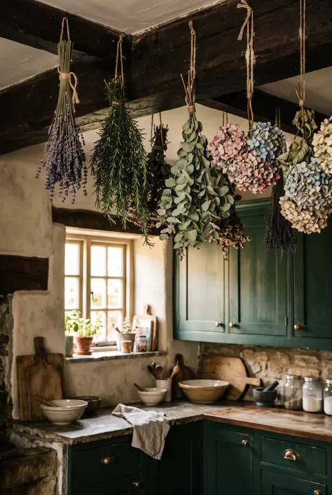 Bunches of dried lavender, rosemary, eucalyptus and hydrangea hanging from a dark wood beam in a moody cottage kitchen