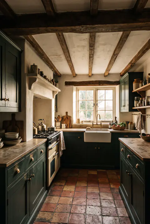 Cottage kitchen with dark oak beams across a white plaster ceiling, green cabinets, a range cooker and a terracotta tile floor