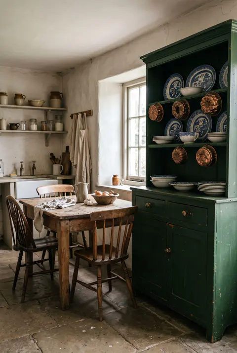 Unfitted English cottage kitchen with a tall freestanding dark green hutch of blue and white plates next to a farmhouse table