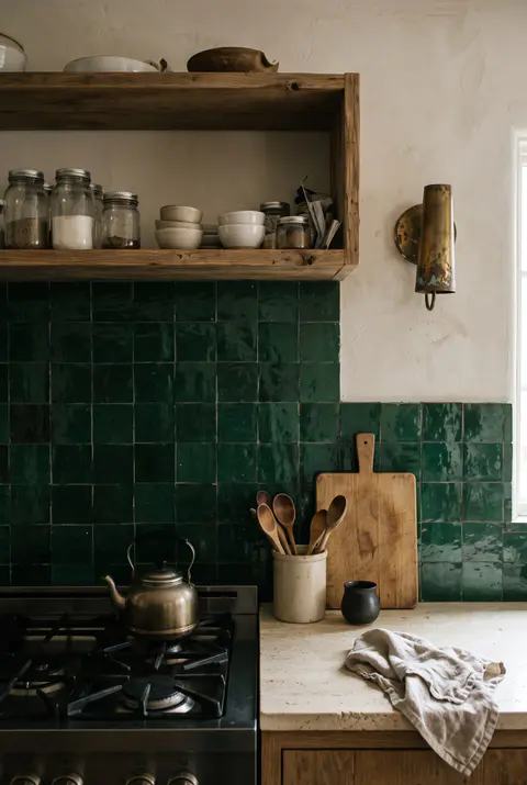 Dark emerald green zellige tile backsplash with glossy uneven handmade tiles behind a stove with a wooden shelf and brass sconce