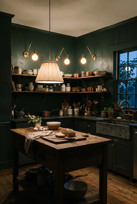 Dark cottagecore kitchen in the evening lit by a pleated fabric pendant over a wooden island and brass swing-arm sconces
