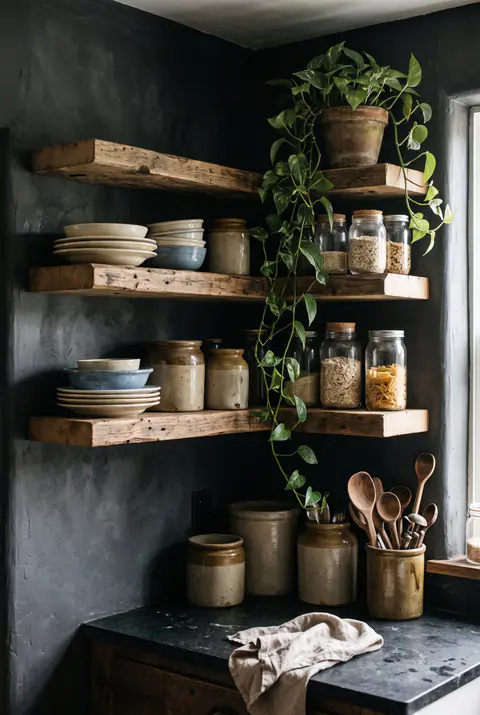 Reclaimed wood open shelves on a charcoal wall with vintage stoneware crocks, mismatched plates, glass jars and a trailing pothos