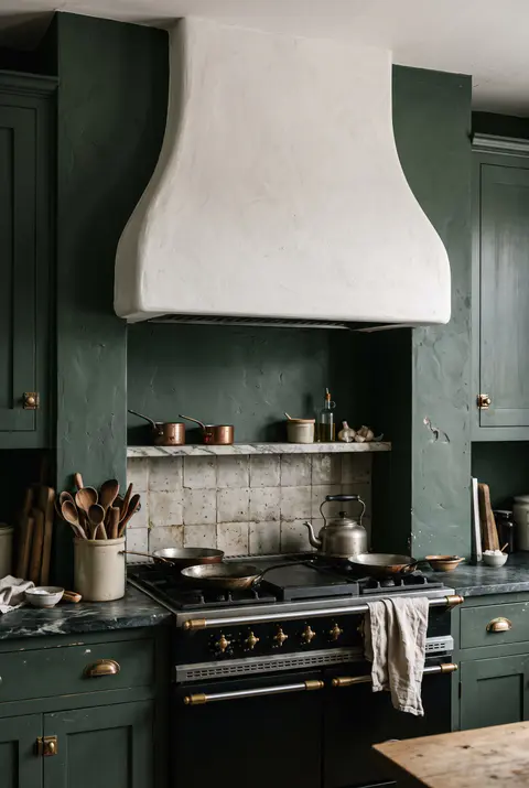 Curved white plaster range hood above a black range cooker in an alcove of a dark green cottage kitchen