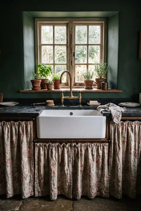 Cottage kitchen sink with a gathered vintage floral fabric skirt instead of cabinet doors, a brass faucet and herbs on the windowsill