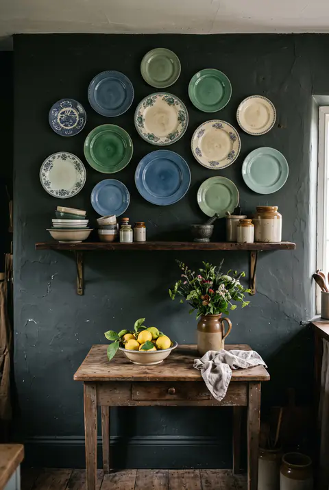 Wall of mismatched vintage plates in blue, green and cream above a shelf in a dark cottage kitchen, with a table and a bowl of lemons