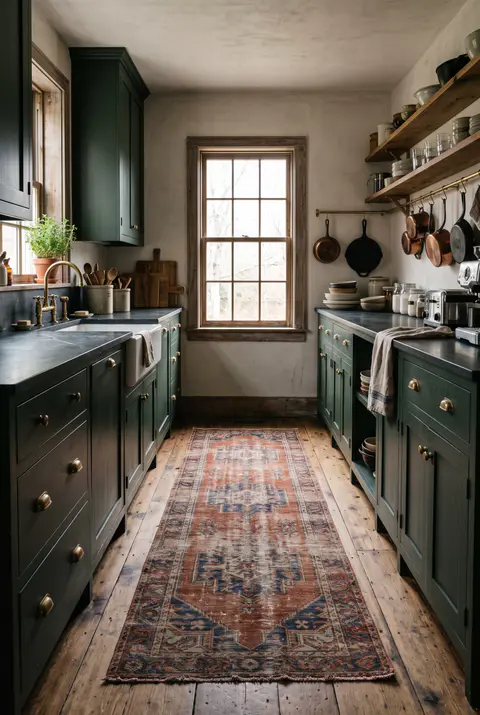 Narrow galley kitchen with a faded vintage Persian runner rug in rust and indigo on a wood floor between dark green cabinets