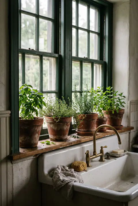 Kitchen windowsill above a farmhouse sink lined with terracotta pots of basil, thyme, rosemary and mint