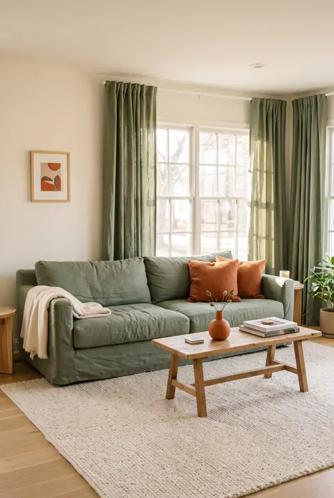 Living room with warm white walls, a sage green sofa and curtains, and rust orange pillows and a vase as the accent color