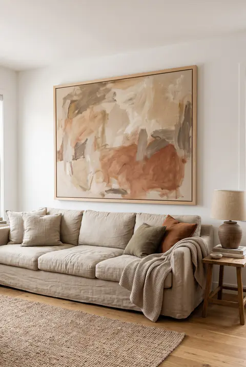 Large framed abstract painting hung low above a sofa, about two thirds the width of the sofa