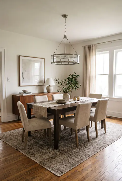 Dining room with a round chandelier hanging low over a wooden table, about half as wide as the table