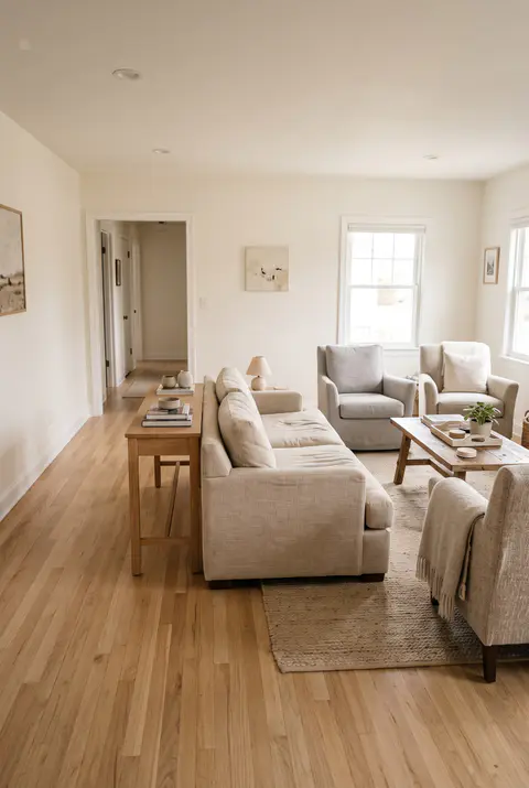 Living room arranged with a clear wide walkway behind the sofa leading to a doorway