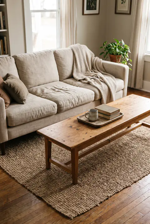 Sofa with a long low wooden coffee table about a foot and a half in front of it, about two thirds the length of the sofa