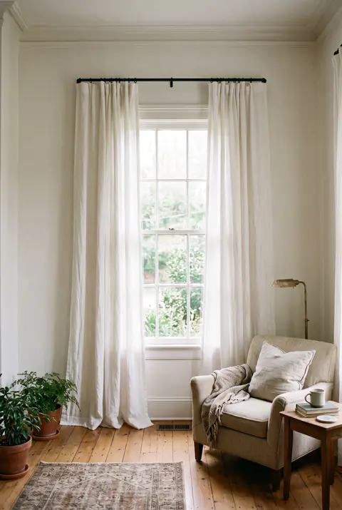 Tall window with linen curtains hung from a rod near the ceiling that extends past the window frame, with the curtains just touching the floor