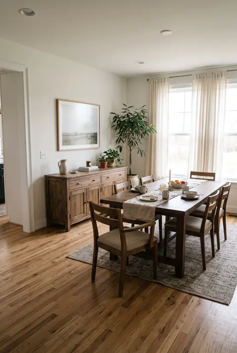 Dining room with plenty of space between the table and the walls, one chair pulled out and a sideboard along the wall