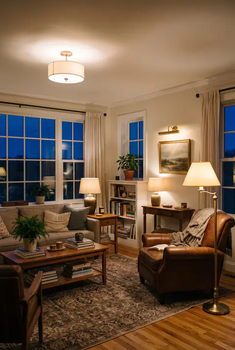 Living room in the evening lit by a floor lamp beside a reading chair, table lamps, a picture light over a painting and soft ceiling light