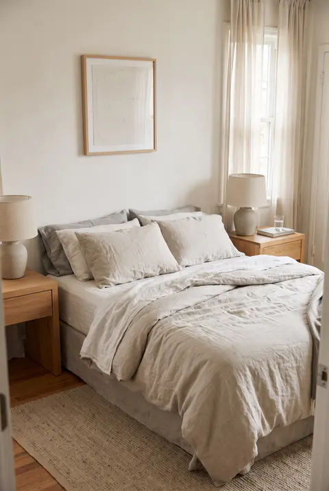 Bed with wooden nightstands on both sides, their tops level with the top of the mattress, and table lamps on them