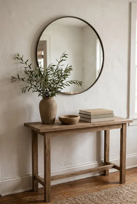 Console table styled with a group of three objects in different heights: a tall ceramic vase with branches, a stack of books and a small bowl