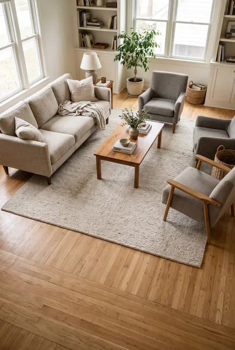 Living room with a large rug under the front legs of the sofa and two armchairs, with a border of wood floor showing around the rug