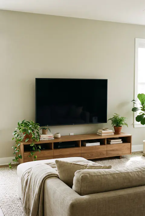 Living room with a TV mounted low on the wall above a long low media console, with the center of the screen at seated eye level