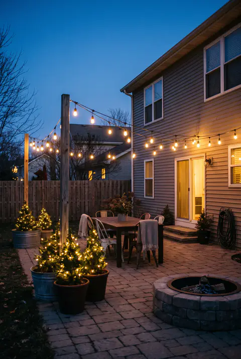 Backyard patio with warm white string lights hung in a zigzag canopy over an outdoor table, small lit trees and a fire pit