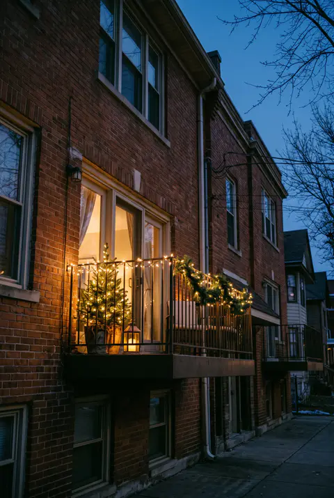 Apartment balcony on a brick building with warm white string lights on the railing, a small lit garland and a potted tree with lights