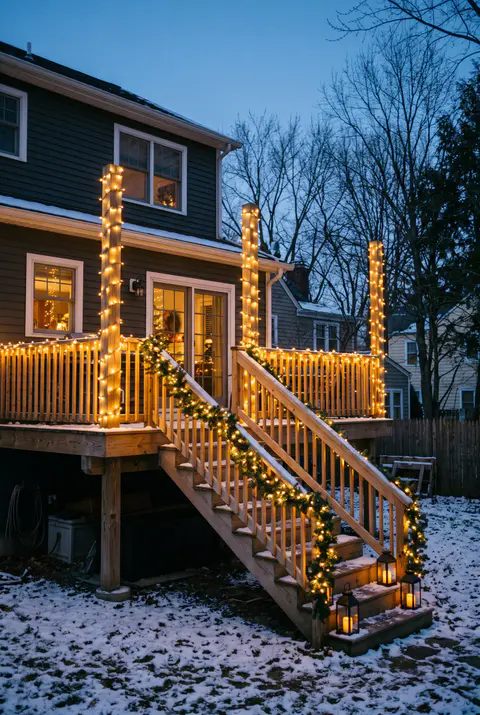 Raised wooden back deck with warm white lights along the railings and posts, a lit garland on the stair rail and lanterns on the steps