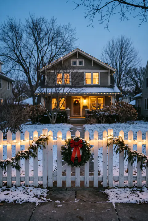 White picket fence with warm white lights along the top rail and a garland and wreath with a red bow on the gate